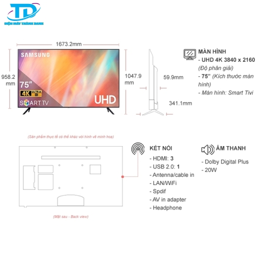 Smart Tivi Samsung 4K 75 inch UA75AU7700 