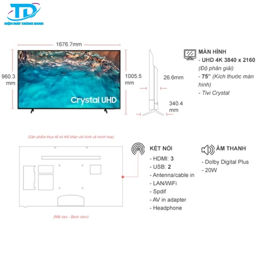 Smart Tivi Samsung 4K Crystal UHD 75 inch UA75BU8000