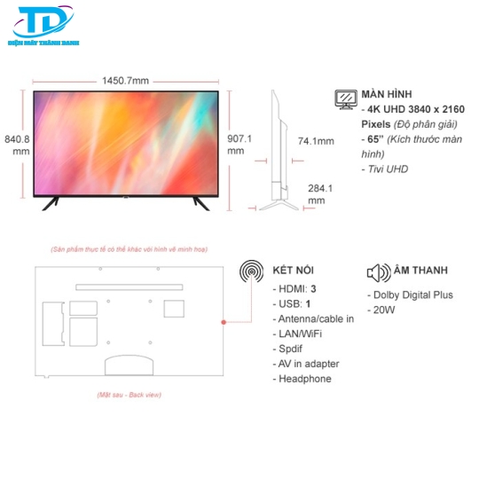 Smart Tivi Samsung 4K 65 inch UA65AU7002